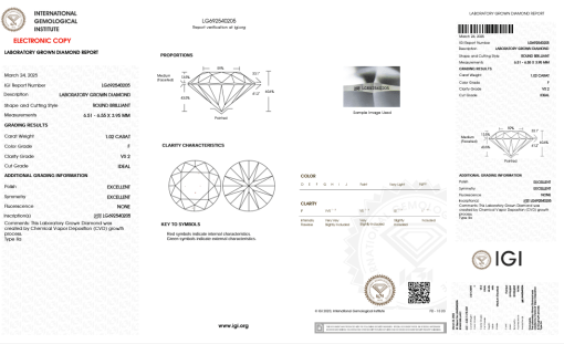 เพชรแท้ Lab Grown Diamond 1.02 กะรัต น้ำ 98 เกรด VS2 ID EX EX N พร้อมเซอร์ IGI (1CER1395)