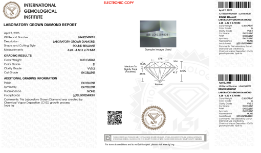 เพชรแท้ Lab Grown Diamond 0.30 กะรัต น้ำ 100 เกรด VVS2 EX EX EX N พร้อมเซอร์ IGI (1CER1418)