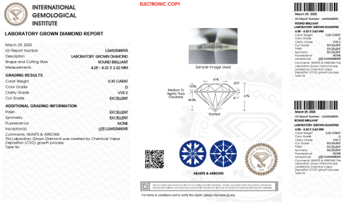 เพชรแท้ Lab Grown Diamond 0.30 กะรัต น้ำ 100 เกรด VVS2 EX EX EX N พร้อมเซอร์ IGI (1CER1417)