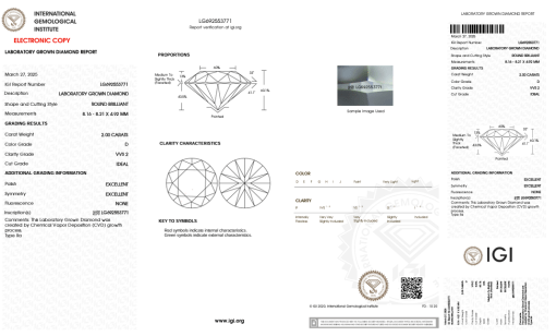 เพชรแท้ Lab Grown Diamond 2.00 กะรัต น้ำ 100 เกรด VVS2 ID EX EX N พร้อมเซอร์ IGI (1CER1384)