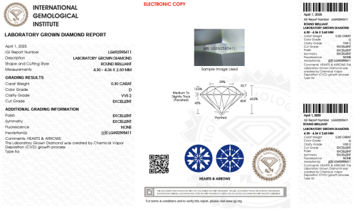 เพชรแท้ Lab Grown Diamond 0.30 กะรัต น้ำ 100 เกรด VVS2 EX EX EX N พร้อมเซอร์ IGI (1CER1415)
