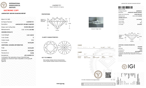 เพชรแท้ Lab Grown Diamond 2.00 กะรัต น้ำ 100 เกรด VS2 EX EX EX N พร้อมเซอร์ IGI (1CER1380)