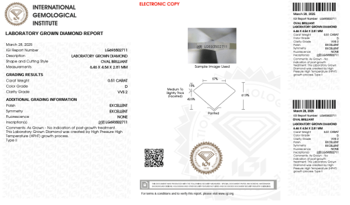 เพชรแท้ Lab Grown Diamond 0.51 กะรัต น้ำ 100 เกรด VVS2 EX EX N พร้อมเซอร์ IGI (1CER1353)
