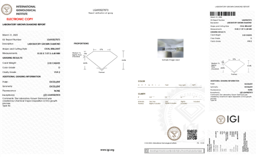 เพชรแท้ Lab Grown Diamond 2.03 กะรัต น้ำ 100 เกรด VVS2 EX EX N พร้อมเซอร์ IGI (1CER1342)