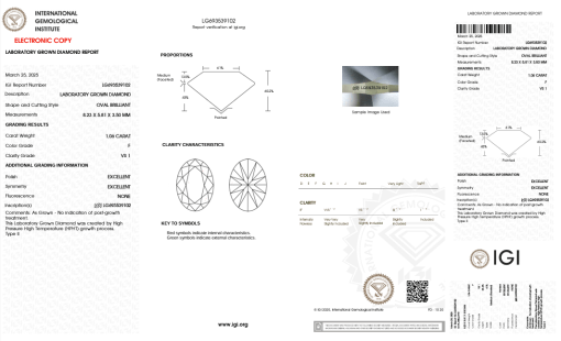 เพชรแท้ Lab Grown Diamond 1.06 กะรัต น้ำ 98 เกรด VS1 EX EX N พร้อมเซอร์ IGI (1CER1346)