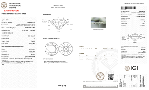 เพชรแท้ Lab Grown Diamond 1.01 กะรัต น้ำ 100 เกรด VVS2 EX EX EX N พร้อมเซอร์ IGI (1CER1407)