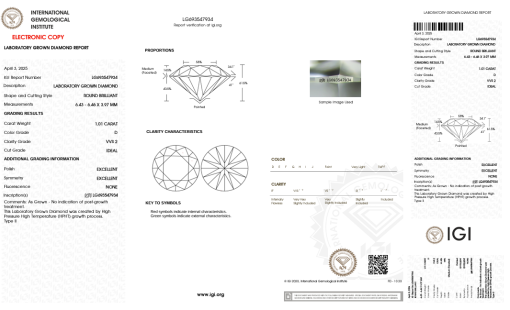 เพชรแท้ Lab Grown Diamond 1.01 กะรัต น้ำ 100 เกรด VVS2 ID EX EX N พร้อมเซอร์ IGI (1CER1406)