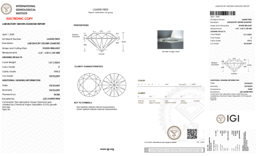 เพชรแท้ Lab Grown Diamond 1.01 กะรัต น้ำ 100 เกรด VVS2 EX EX EX N พร้อมเซอร์ IGI (1CER1398)