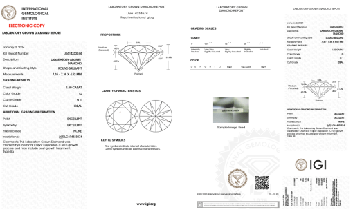 เพชรแท้ Lab Grown Diamond 1.50 กะรัต น้ำ 97 เกรด SI1 ID EX EX N พร้อมเซอร์ IGI (1CER487)