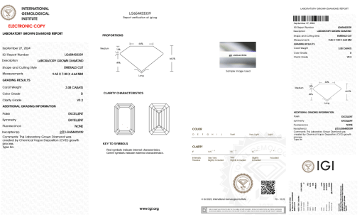 เพชรแท้ Lab Grown Diamond 3.08 กะรัต น้ำ 100 เกรด VS2 EX EX N พร้อมเซอร์ IGI (1CER1425)