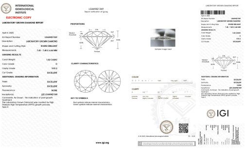 เพชรแท้ Lab Grown Diamond 1.52 กะรัต น้ำ 100 เกรด VVS2 EX EX EX N พร้อมเซอร์ IGI (1CER1445)