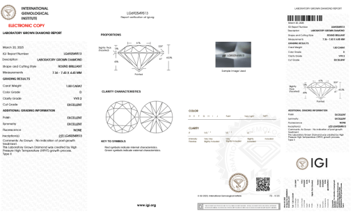 เพชรแท้ Lab Grown Diamond 1.50 กะรัต น้ำ 100 เกรด VVS2 EX EX EX N พร้อมเซอร์ IGI (1CER1446)