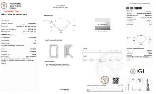 เพชรแท้ Lab Grown Diamond 2.00 กะรัต น้ำ 100 เกรด VS2 EX EX N พร้อมเซอร์ IGI (1CER1427)