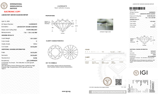 เพชรแท้ Lab Grown Diamond 1.50 กะรัต น้ำ 100 เกรด VVS2 EX EX EX N พร้อมเซอร์ IGI (1CER1447)