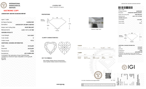 เพชรแท้ Lab Grown Diamond 1.00 กะรัต น้ำ 100 เกรด VVS2 EX EX N พร้อมเซอร์ IGI (1CER1429)