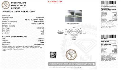 เพชรแท้ Lab Grown Diamond 0.50 กะรัต น้ำ 100 เกรด VVS2 ID EX EX N พร้อมเซอร์ IGI (1CER1450)