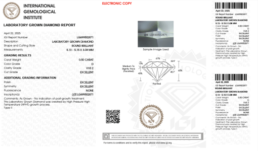 เพชรแท้ Lab Grown Diamond 0.50 กะรัต น้ำ 100 เกรด VVS2 EX EX EX N พร้อมเซอร์ IGI (1CER1449)
