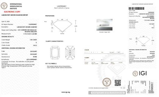 เพชรแท้ Lab Grown Diamond 1.06 กะรัต น้ำ 100 เกรด VVS2 EX EX N พร้อมเซอร์ IGI (1CER1439)
