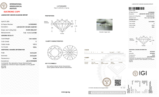 เพชรแท้ Lab Grown Diamond 3.00 กะรัต น้ำ 100 เกรด VVS2 ID EX EX N พร้อมเซอร์ IGI (1CER1423)