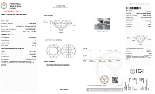 เพชรแท้ Lab Grown Diamond 3.03 กะรัต น้ำ 100 เกรด VVS2 ID EX EX N พร้อมเซอร์ IGI (1CER1470N)