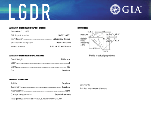 เพชรแท้ Lab Grown Diamond 2.01 กะรัต น้ำ 98 เกรด VS2 EX EX EX N พร้อมเซอร์ IGI (1CER573)