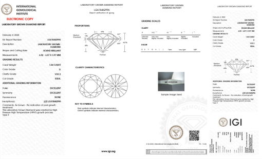 เพชรแท้ Lab Grown Diamond 1.04 กะรัต น้ำ 100 เกรด VVS2 ID EX EX N พร้อมเซอร์ IGI (1CER1518)