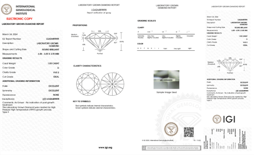 เพชรแท้ Lab Grown Diamond 1.05 กะรัต น้ำ 100 เกรด VVS2 ID EX EX N พร้อมเซอร์ IGI (1CER1512)