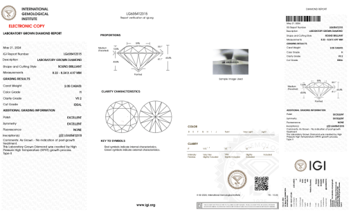 เพชรแท้ Lab Grown Diamond 2.05 กะรัต น้ำ 96 เกรด VS2 ID EX EX N พร้อมเซอร์ IGI (1CER1498)