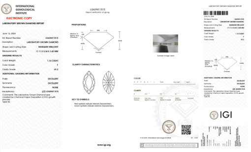 เพชรแท้ Lab Grown Diamond 1.16 กะรัต น้ำ 98 เกรด VS2 EX EX N พร้อมเซอร์ IGI (1CER1481)