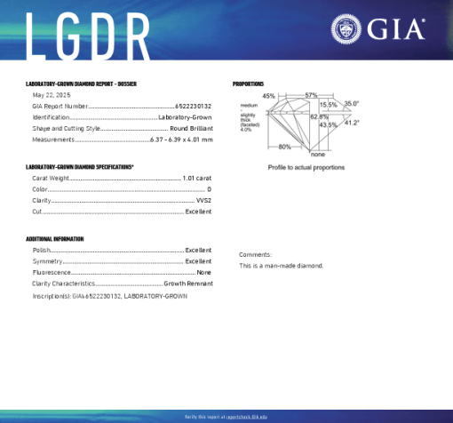 เพชรแท้ Lab Grown Diamond 1.01 กะรัต น้ำ 100 เกรด VVS2 EX EX EX N พร้อมเซอร์ GIA (1CER1520)