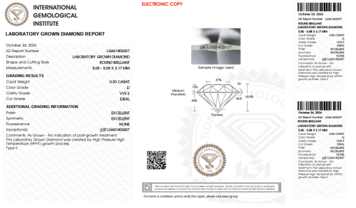 เพชรแท้ Lab Grown Diamond 0.50 กะรัต น้ำ 100 เกรด VVS2 ID EX EX N พร้อมเซอร์ IGI (1CER1521)