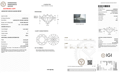 เพชรแท้ Lab Grown Diamond 1.50 กะรัต น้ำ 98 เกรด VS2 ID EX EX N พร้อมเซอร์ IGI (1CER1506)