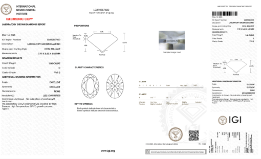เพชรแท้ Lab Grown Diamond 1.00 กะรัต น้ำ 100 เกรด VVS2 EX EX N พร้อมเซอร์ IGI (1CER1485)