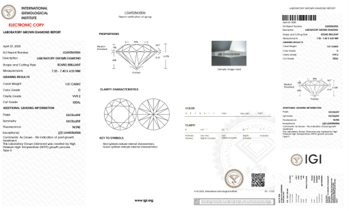 เพชรแท้ Lab Grown Diamond 1.51 กะรัต น้ำ 100 เกรด VVS2 ID EX EX N พร้อมเซอร์ IGI (1CER1511)