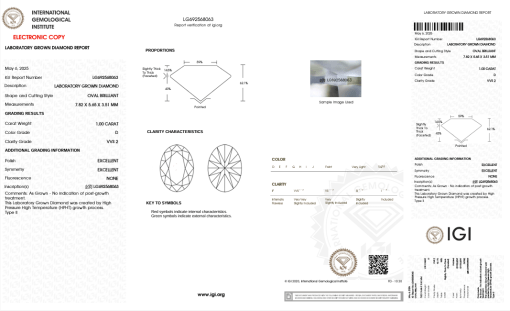 เพชรแท้ Lab Grown Diamond 1.00 กะรัต น้ำ 100 เกรด VVS2 EX EX N พร้อมเซอร์ IGI (1CER1487)