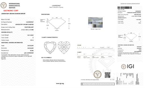 เพชรแท้ Lab Grown Diamond 1.03 กะรัต น้ำ 100 เกรด VVS2 EX EX N พร้อมเซอร์ IGI (1CER1534N)