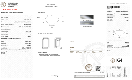เพชรแท้ Lab Grown Diamond 1.50 กะรัต น้ำ 100 เกรด VVS2 EX EX N พร้อมเซอร์ IGI (1CER1532N)