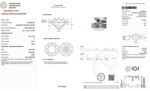 เพชรแท้ Lab Grown Diamond 1.06 กะรัต น้ำ 100 เกรด VVS2 ID EX EX N พร้อมเซอร์ IGI (1CER1515)