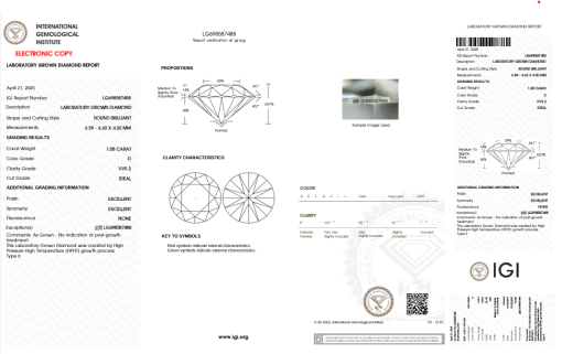 เพชรแท้ Lab Grown Diamond 1.08 กะรัต น้ำ 100 เกรด VVS2 ID EX EX N พร้อมเซอร์ IGI (1CER1513)
