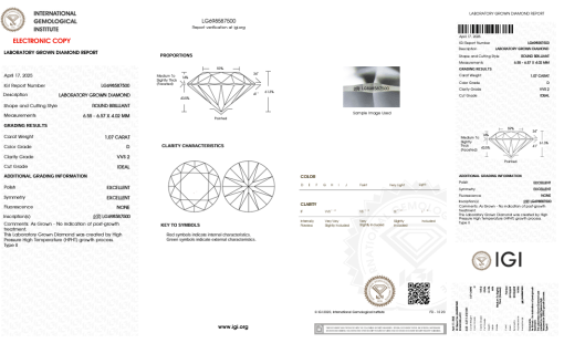 เพชรแท้ Lab Grown Diamond 1.07 กะรัต น้ำ 100 เกรด VVS2 ID EX EX N พร้อมเซอร์ IGI (1CER1514)