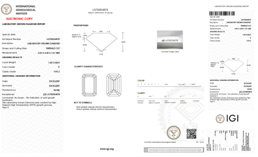 เพชรแท้ Lab Grown Diamond 1.00 กะรัต น้ำ 100 เกรด VVS2 EX EX N พร้อมเซอร์ IGI (1CER1480)