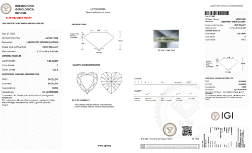 เพชรแท้ Lab Grown Diamond 1.00 กะรัต น้ำ 100 เกรด VVS2 EX EX N พร้อมเซอร์ IGI (1CER1543)