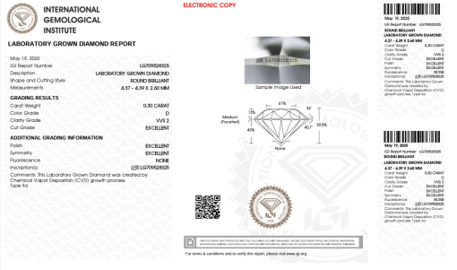 เพชรแท้ Lab Grown Diamond 0.30 กะรัต น้ำ 100 เกรด VVS2 EX EX EX N พร้อมเซอร์ IGI (1CER1525)