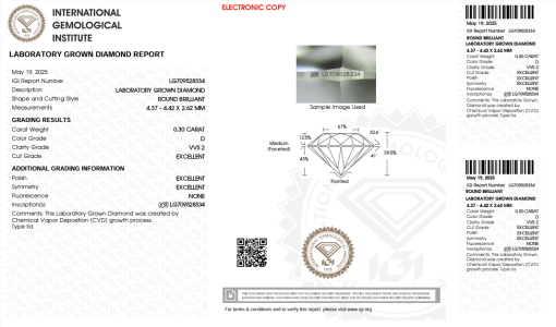 เพชรแท้ Lab Grown Diamond 0.30 กะรัต น้ำ 100 เกรด VVS2 EX EX EX N พร้อมเซอร์ IGI (1CER1524)