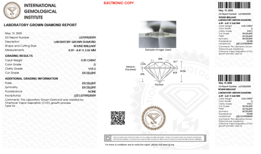 เพชรแท้ Lab Grown Diamond 0.30 กะรัต น้ำ 100 เกรด VVS2 EX EX EX N พร้อมเซอร์ IGI (1CER1526)