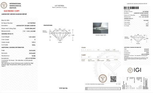 เพชรแท้ Lab Grown Diamond 1.50 กะรัต น้ำ 100 เกรด VVS2 ID EX EX N พร้อมเซอร์ IGI (1CER1509)