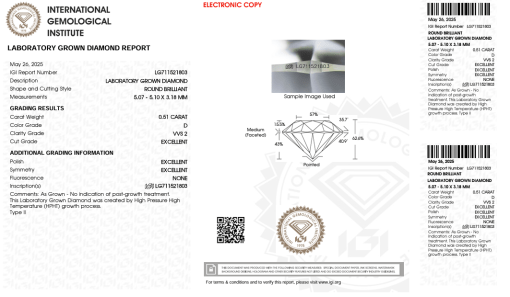 เพชรแท้ Lab Grown Diamond 0.51 กะรัต น้ำ 100 เกรด VVS2 EX EX EX N พร้อมเซอร์ IGI (1CER1522)