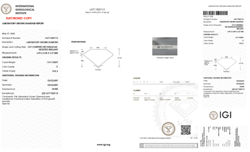 เพชรแท้ Lab Grown Diamond 1.01 กะรัต น้ำ 100 เกรด VVS2 EX EX N พร้อมเซอร์ IGI (1CER1478)