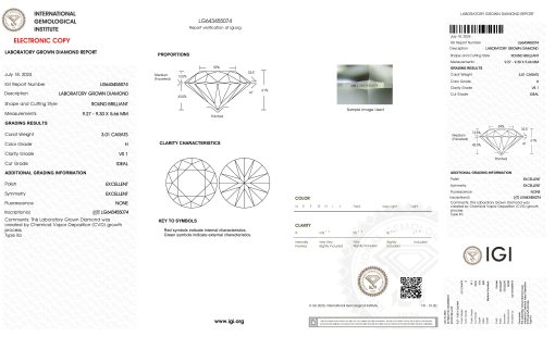 เพชรแท้ Lab Grown Diamond 3.01 กะรัต น้ำ 96 เกรด VS1 ID EX EX N พร้อมเซอร์ IGI (1CER1644)