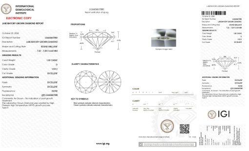 เพชรแท้ Lab Grown Diamond 1.50 กะรัต น้ำ 100 เกรด VVS2 EX EX EX N พร้อมเซอร์ IGI (1CER1605)